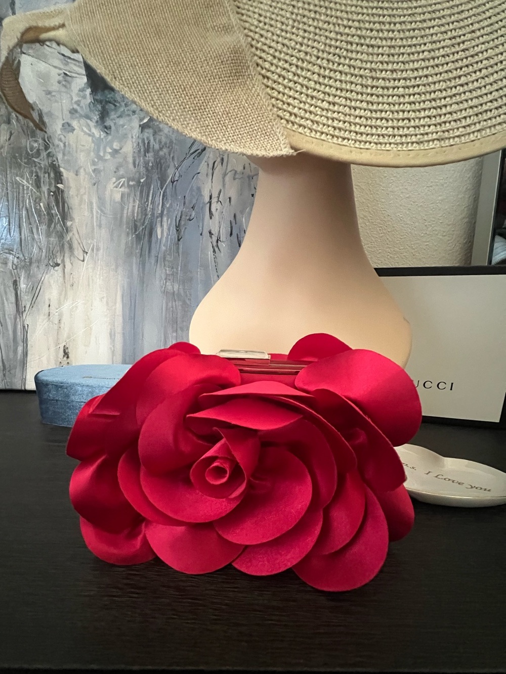 White House Black Market Red Satin 3D Rose Flower Evening Clutch Bag Formal